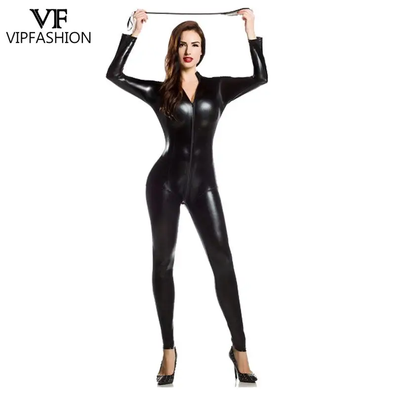 VIPFASHION Solid Women Zentai Bodysuit Sexy Black Catsuit Long Sleeve Front Zipper Cosplay Costume Carnival Holiday Clothes