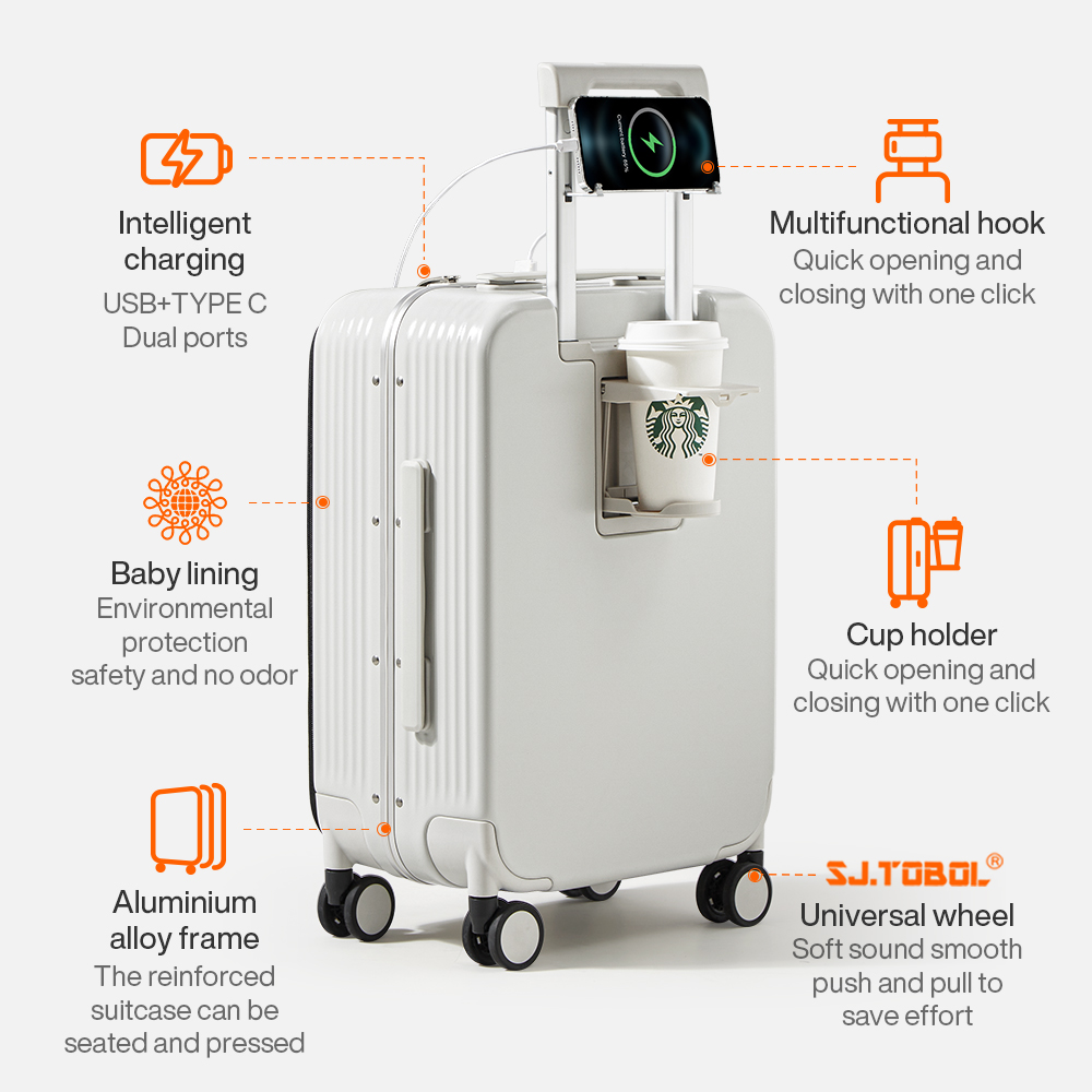 Mixi NEW Aluminum Frame Suitcase Carry On Rolling Lage with USB Port Boarding Cabin Cup and Phone Holder Inch