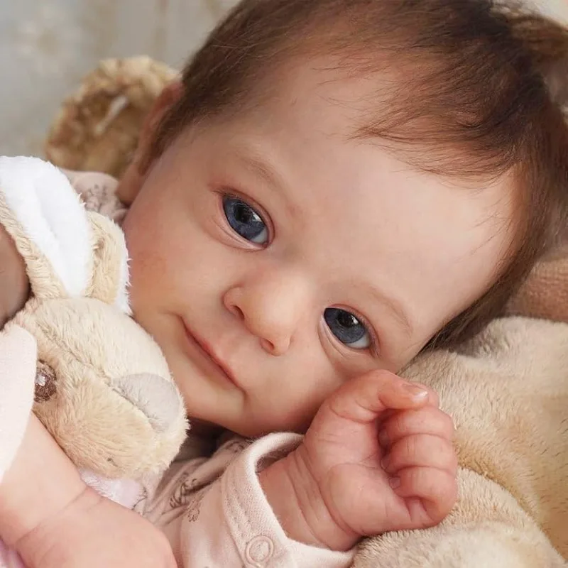 18" Realistic and Cute Reborn Baby Doll Girl Bright Blue Eyes Opened With Brown Hair Named Sum LOL Christmas Gift Dolls For Kids