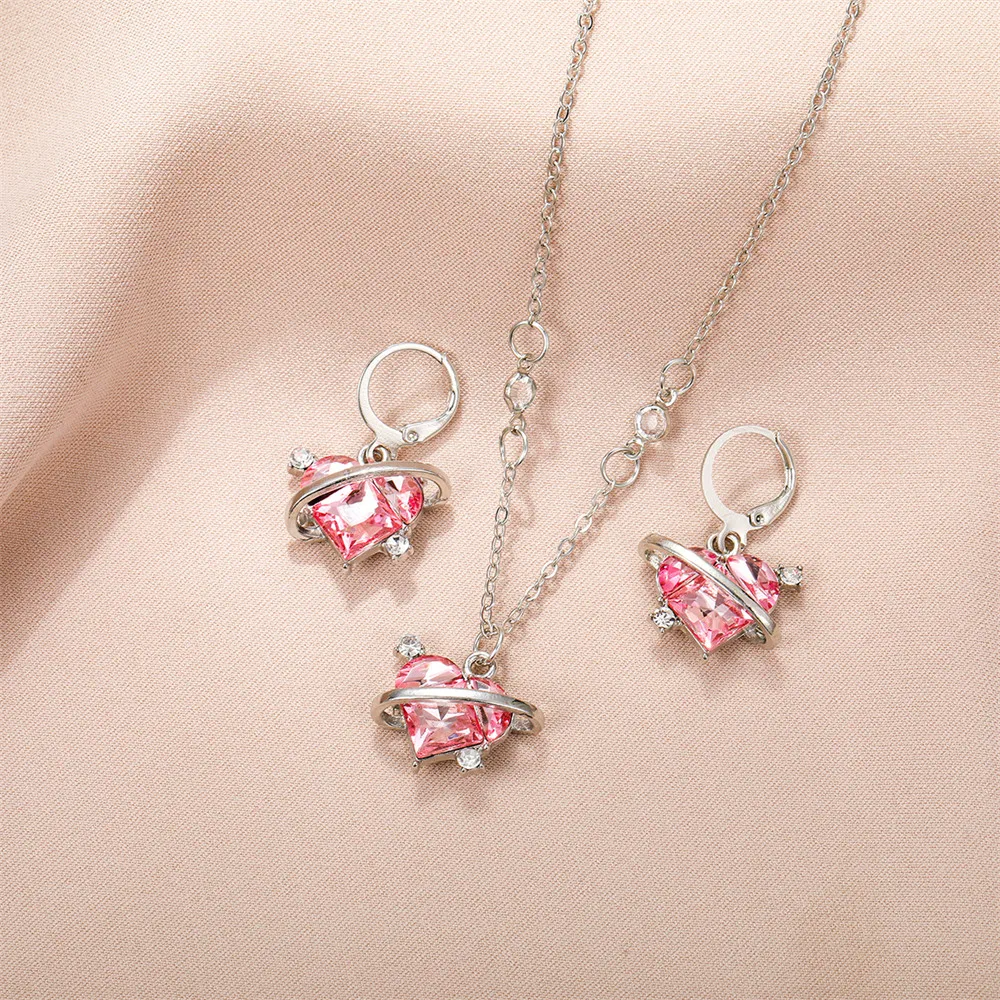 Pink Peach Love Heart Planet Crystal Rhinestone Pendant Necklace Earrings Jewelry Set for Women Teens Creative Banquet Accessory