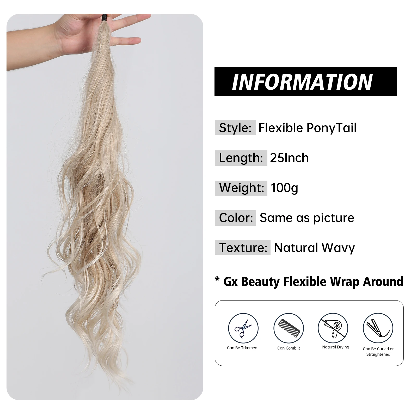 Flexible Wrap Around Ponytail Hair Extensions Synthetic Long Wavy Ponytail Hairpiece Blonde Pony for Women Daily Use Fake Hair