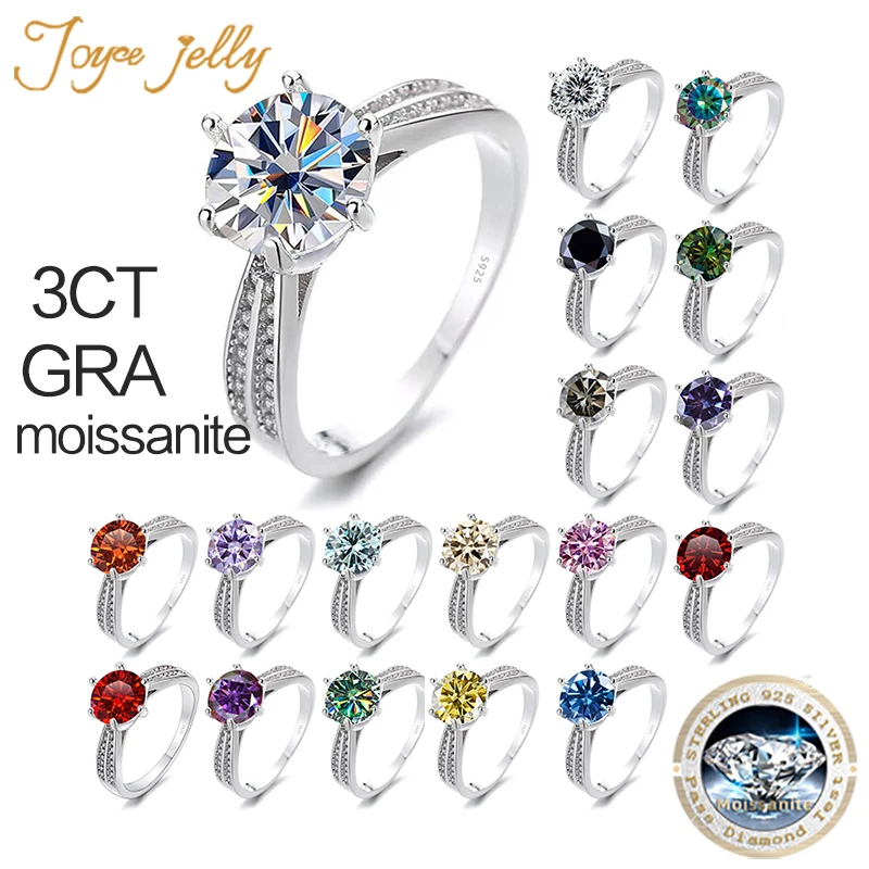 JoyceJelly Luxury 9mm 3ct VVS D Color Moissanite Rings For Women S925 Sterling Silver Jewelry Pass Diamond Tester With GRA Certi