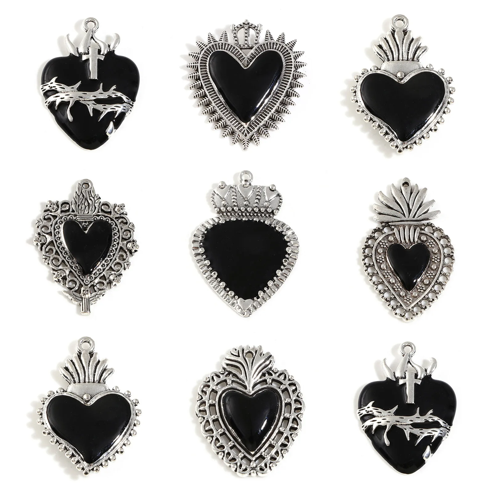 2pcs Black Ex Voto Heart Enamel Charms Religious Pendants Antique Silver Color Necklace Pendants Jewelry Accessories