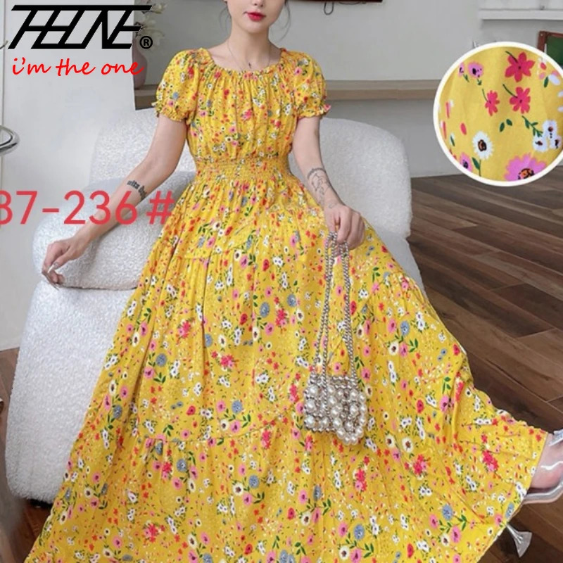 THHONE Vestidos Robe Maxi Long Dres Summer Indian Clothes Bohemian Cotton Linen Floral Short Sleeve Korean Style Casual 240523