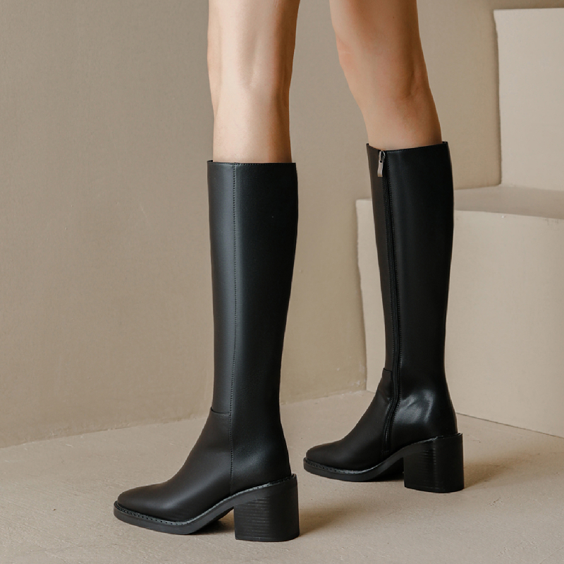 Leather Genuine Tall Women Thick Heels Knee High Boots Autumn Winter Warm Ladies Long Shoes Black Elegant Designer 1c4b