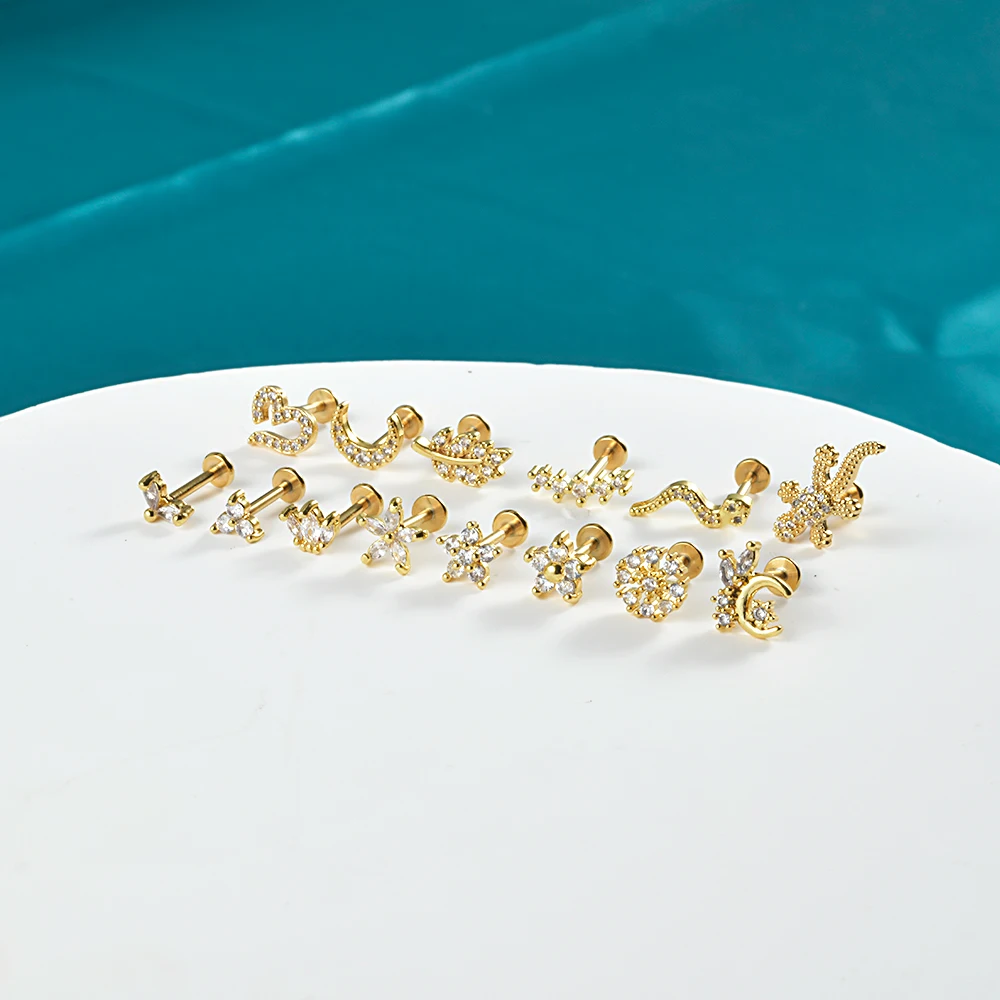 pc L Surgical Steel Gold Plated CZ Ear Stud Tragus Cartilage Helix Conch Lobe Piercing Labret Lip Ring Jewelry 5