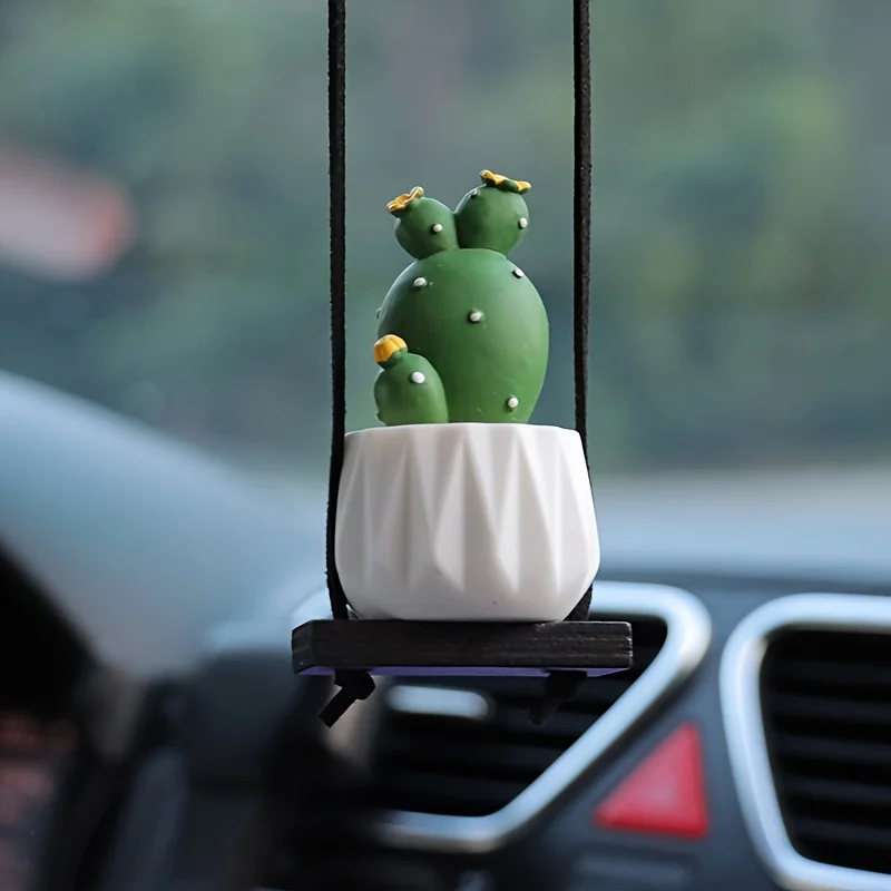 Mini Macrame Plant Hanger Rear View Mirror Car Cactus Charm Decorations Boho Hanging Plant Holder, Tiny Car Succulent Gifts for