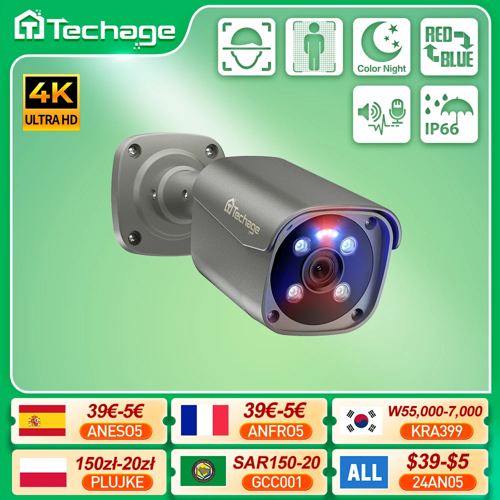 Techage 8MP Ultra HD 4K POE AI Camera Outdoor H.265 IP Camera Face Detect Full Color Night Two-way Audio for Surveillance System