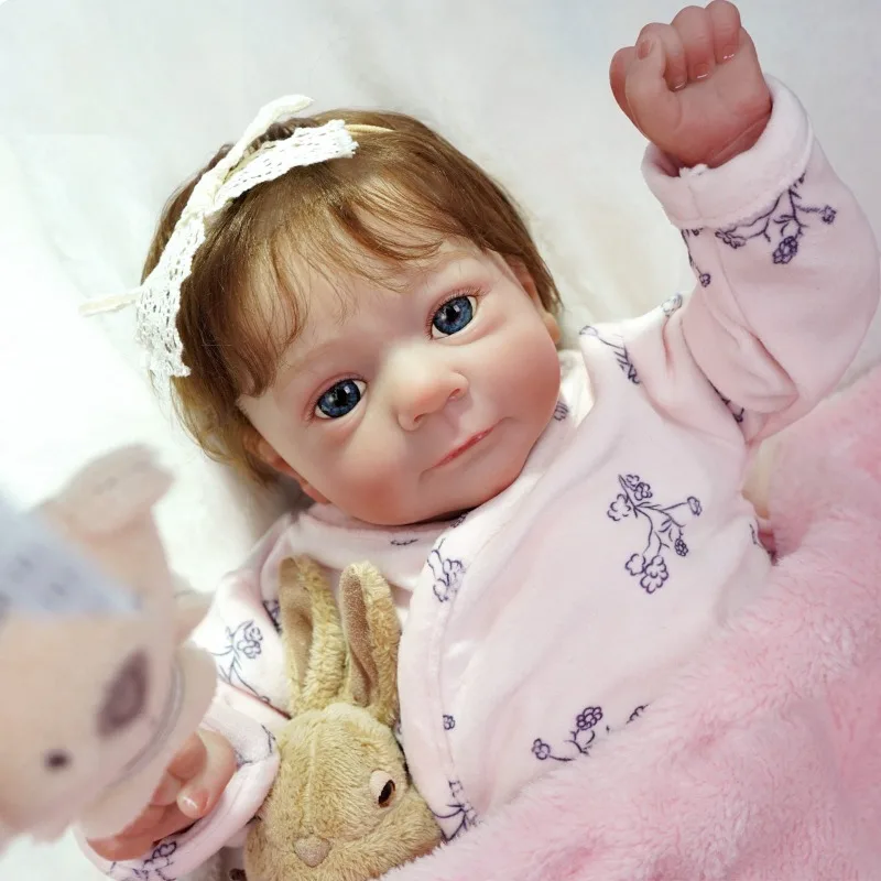 18" Realistic and Cute Reborn Baby Doll Girl Bright Blue Eyes Opened With Brown Hair Named Sum LOL Christmas Gift Dolls For Kids