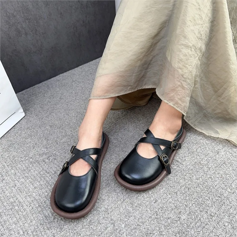 Johnature 2023 New Genuine Leather Round Toe Women Flats Shoes Handmade Solid Color Soft Sole Comfortable Casual Shoes