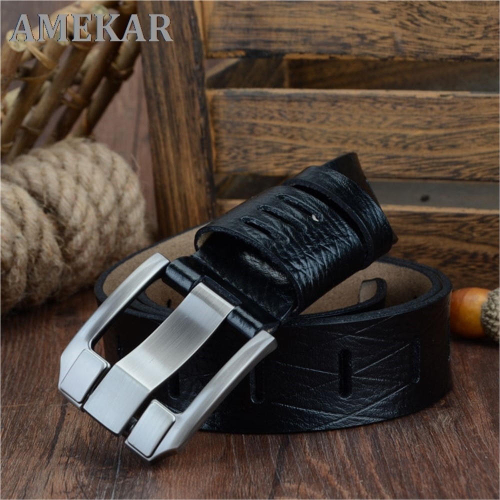 Cinturones de cuero de vaca genuino para hombres, correa de lujo Retro, hebilla de Pin, 3,8 de ancho, a cuadros, alta calidad