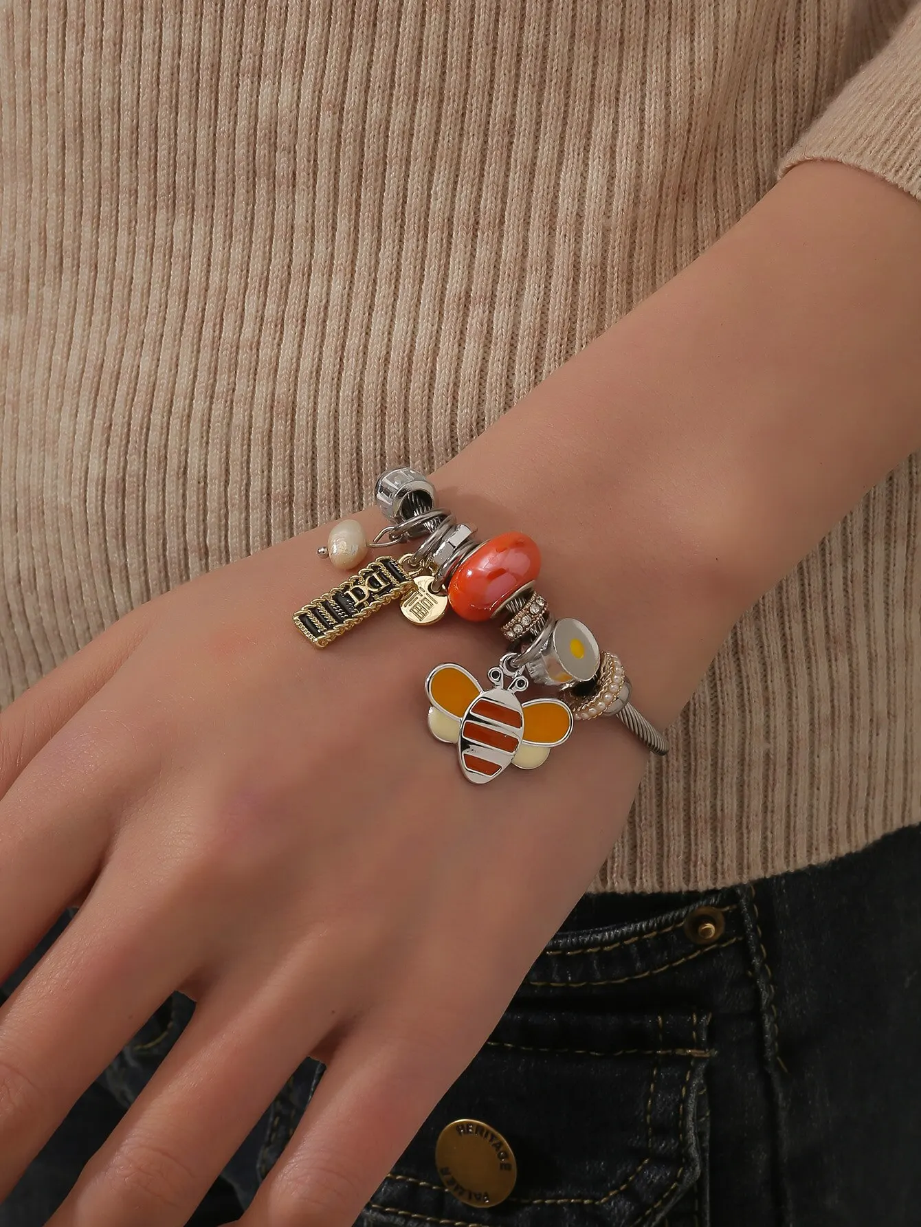 1pcs Europe And The United States Wind Multi-element Flower Fruit Lipstick Love Rhinestone Pearl Star Female Bracelet