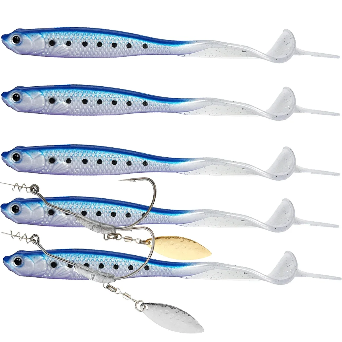 5Pcs lues 2pcs hooks Vigour Perch Fishing Lure Soft Bait Shad UV-Active Wobble Craft Rubber Fish Swimbait For Perch,Pike,Zander
