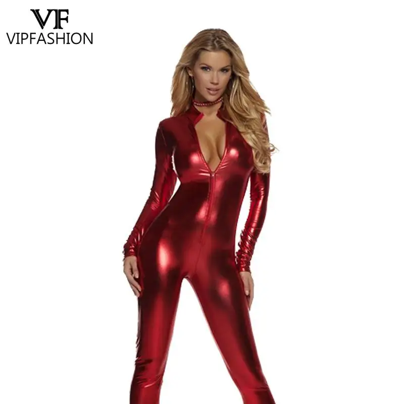 VIPFASHION Solid Women Zentai Bodysuit Sexy Black Catsuit Long Sleeve Front Zipper Cosplay Costume Carnival Holiday Clothes