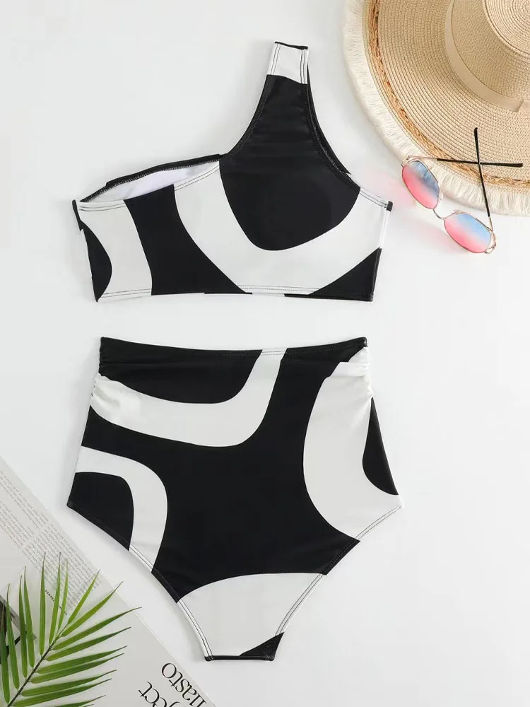 Black White Printed Split Swimsuit Two Piece Sexy One Shoulder Bikini 2023 Women High Waist Brazilian with Beach Cover Up Skirt