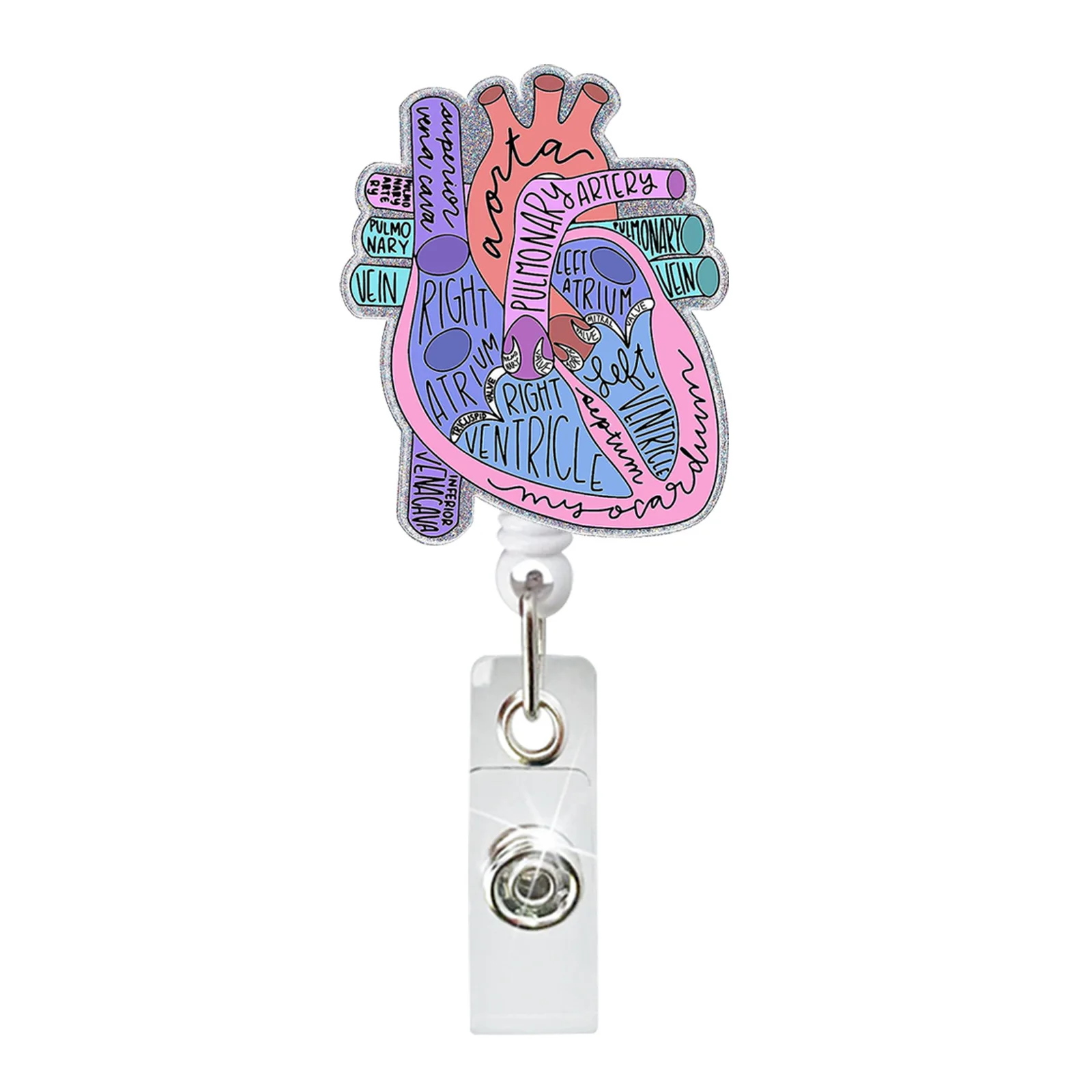 Heart Shape Acrylic Glitter Rotate Badge Reel Workers Nurse Id Holder Girl Boy Retractable Name Card Holder Accessory 1 Piece