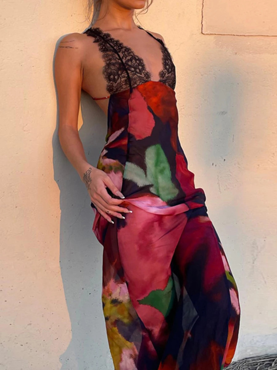 Elegant Tie Dye Floral Chiffon Dress For Women Summer Sexy Bandage Backless Lace Long Dresses Female Beach Evening Robe 240518