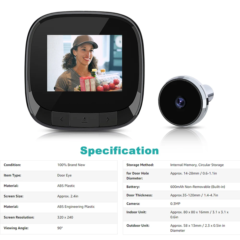 Awapow 2.4Inch Door Bell Eye Peephole Camera 90° LCD Digital Doorbell Rechargeable Built-in Storage Cat Eye Door Peephole Viewer