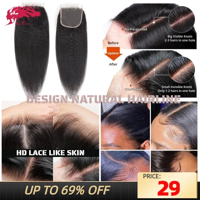 Ali Queen Hair 4x4 5x5 6x6 7x7 HD Lace Closure Invisible Melt Skin Full Frontal 13x6 13x4 Human Virgin Hair Yaki Straight Hair