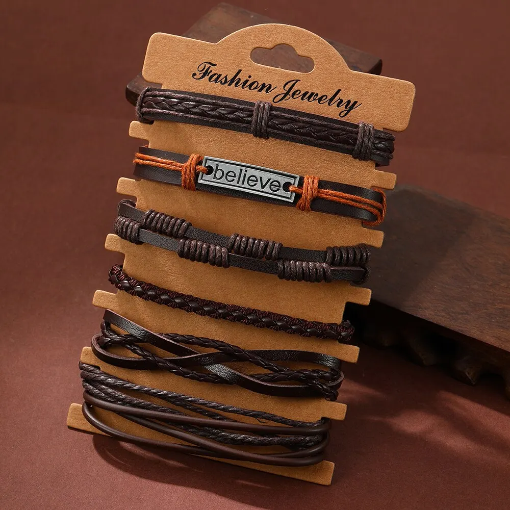 6PCS Vintage Multiple Layers Leather Bracelet Set For Men Handmade Braided Charm Bracelet