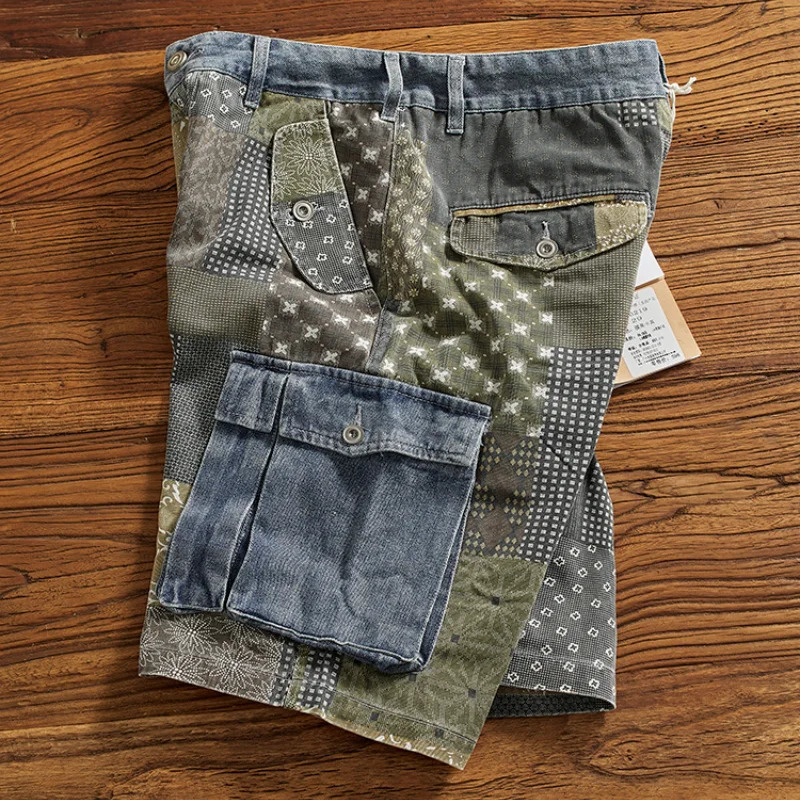 Stylish cargo denim shorts mens loose summer do old wash casual midlength pants five quarter 240516