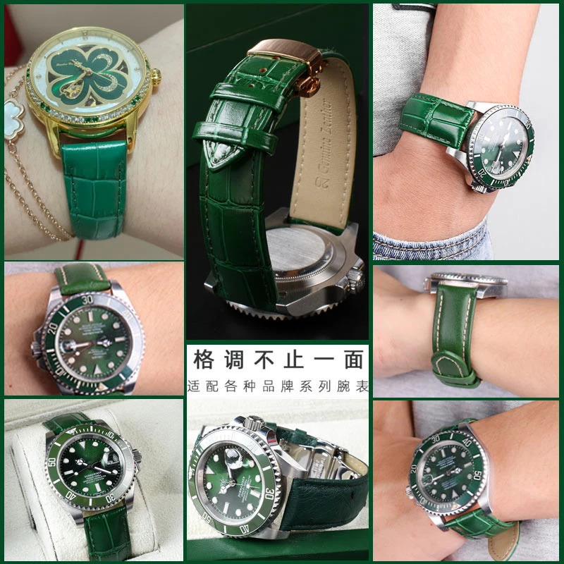 18mm 20mm 22mm High Quality Bamboo Pattern soft cowhide Strap Men Butterfly Buckle Ostrich leather Green Watchband Bracelet