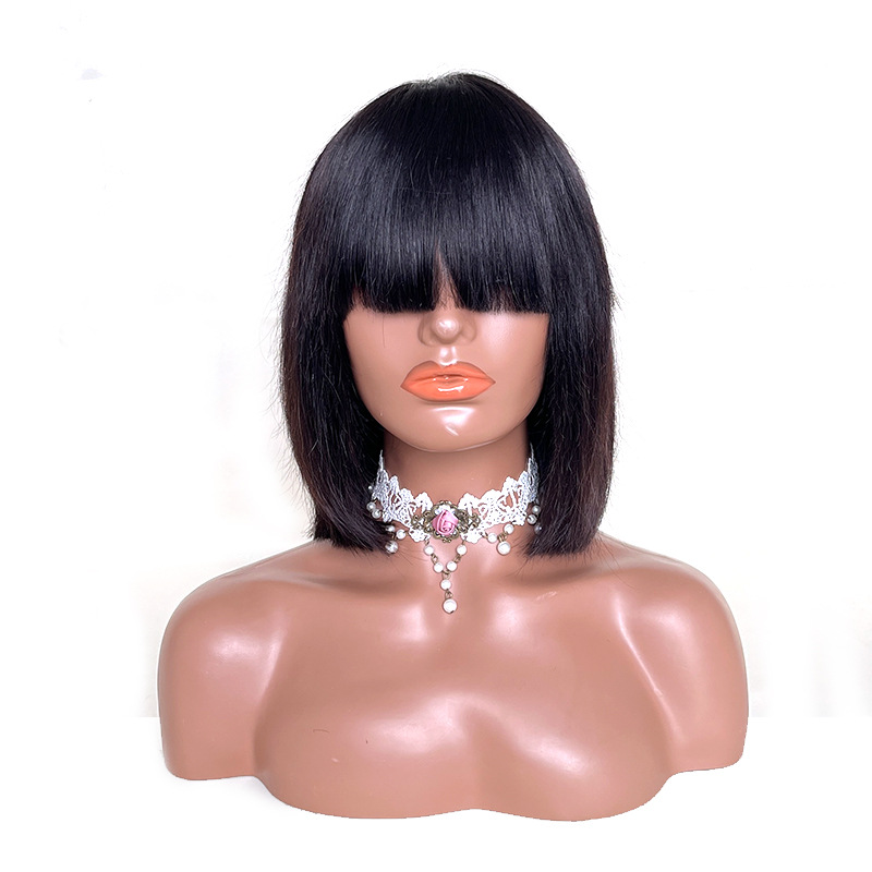 Human Hair Headband Wig Women Medium Length Bob Wig Fluffy and Stylish Face Trimming Bangs Waves Full Head Hairstyle