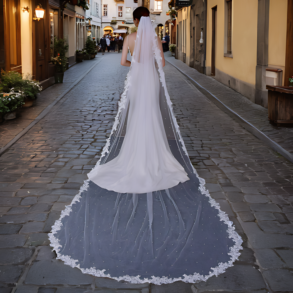 V Pearls Wedding Veil Lace Edge Bridal Veils Tiers Beaded Soft Tulle with Comb Long Accessories for Bride