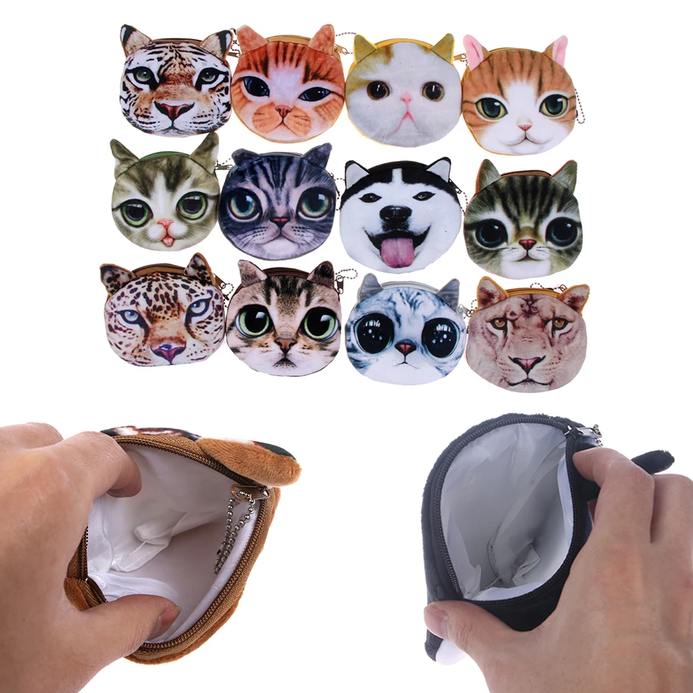 3D Cute Animal Shape Wallet Mini Zipper Keychain Bag Mini Cat Dog Face Packages Large Capacity Many Styles Coin Pourse Student
