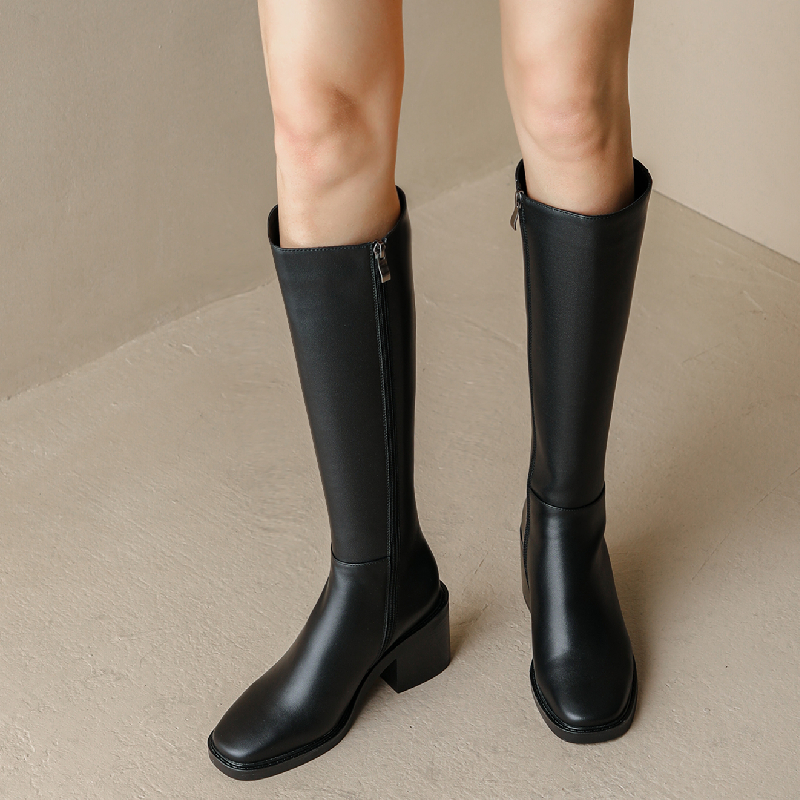 Leather Genuine Tall Women Thick Heels Knee High Boots Autumn Winter Warm Ladies Long Shoes Black Elegant Designer 1c4b