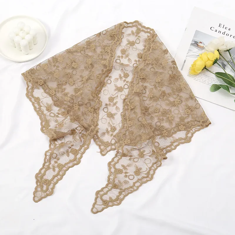 Embroidered Flower Lace Triangle Scarf Small Shawl Crochet Neck Scarf Solid Color Head Scarf Headwraps Bandana Hijab Neckerchief