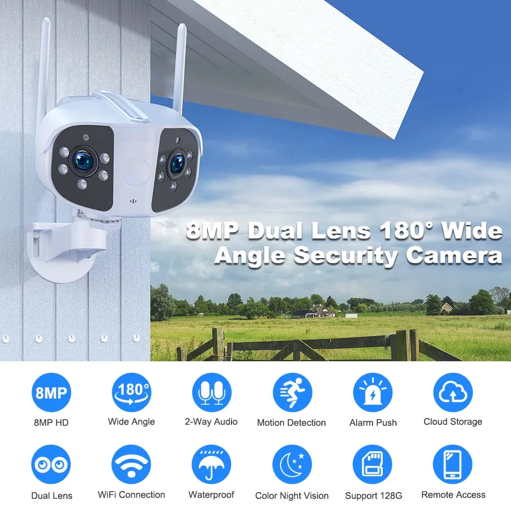 8MP 4K Security Camera Outdoor 180° Wide Angle Wifi Surveillance Cameras 6MP Panoramic CCTV Cam Smart Home Security Protection