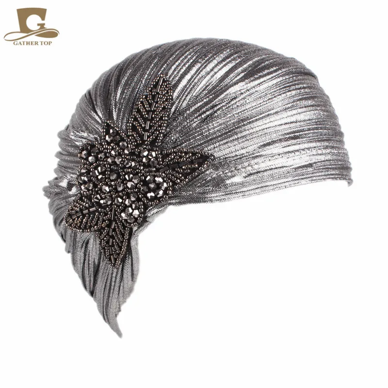 New Women luxury Metallic Shinny Ruffle Turban Head Wrap With Beaded Flower Lady Chemo Bandanas Hijab hair Accessories