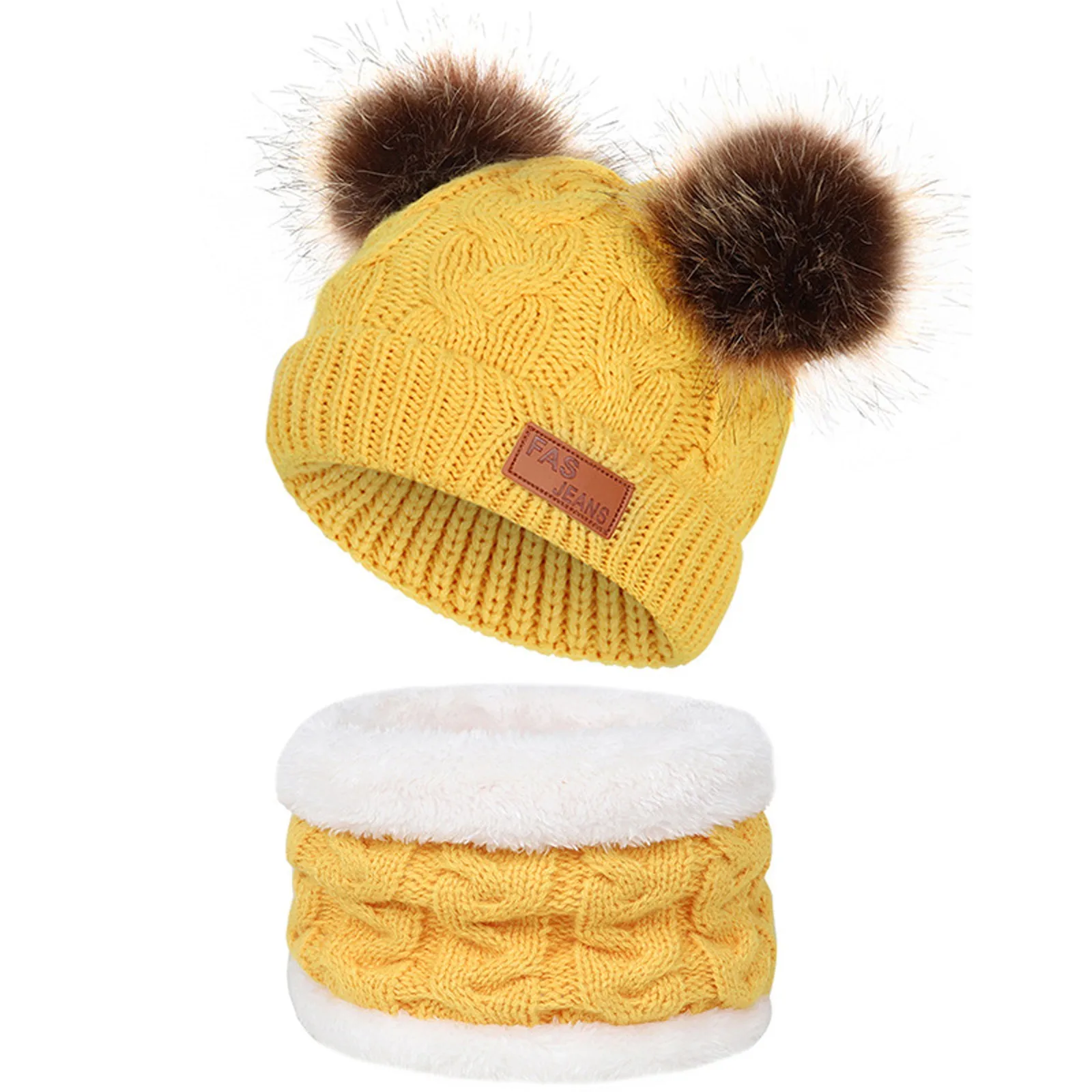 Girls Boys Knit Cap Warm Fur-Ball Baby Winter Knit Hat Children Hats Caps Scarf