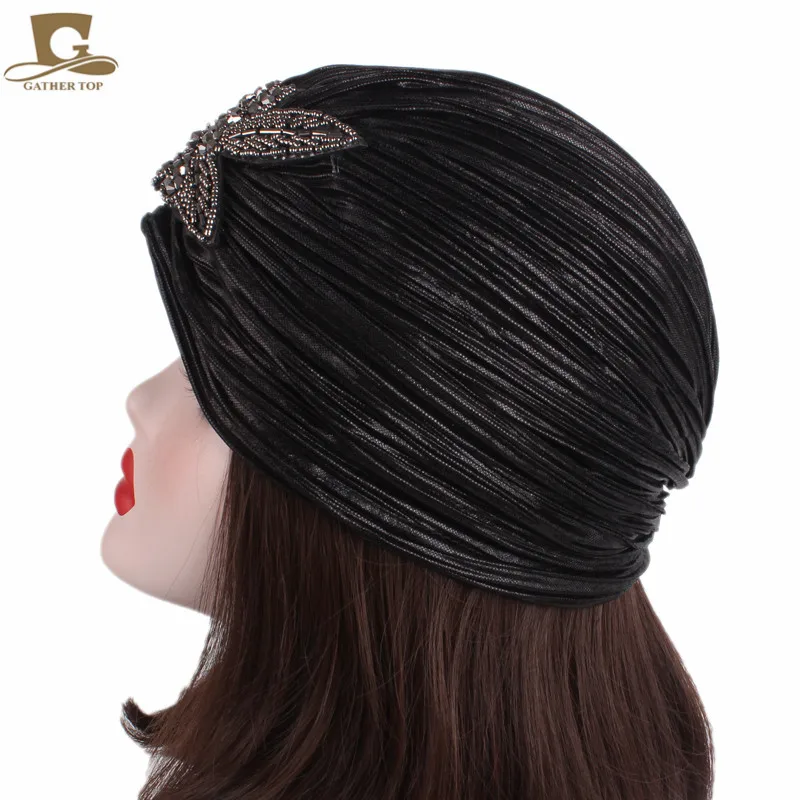 New Women luxury Metallic Shinny Ruffle Turban Head Wrap With Beaded Flower Lady Chemo Bandanas Hijab hair Accessories