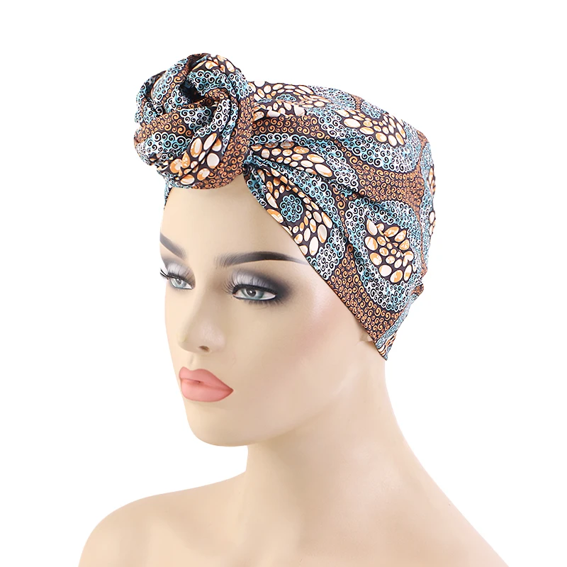 New African Pattern Print Knot turban Elastic Hair Band Bonnet Women's Party Headpiece Muslim Headwrap Chemo Cap Turbante Mujer