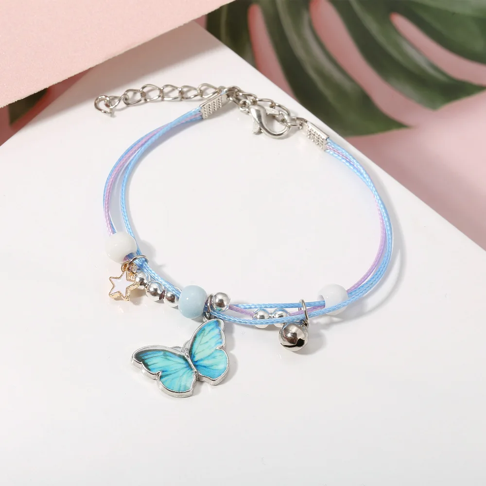 Cute Butterfly Pendant Bracelet Adjustable Boho Hand Woven Rope Beaded Bracelet for Women Girls Holiday Party Jewelry Lucky Gift