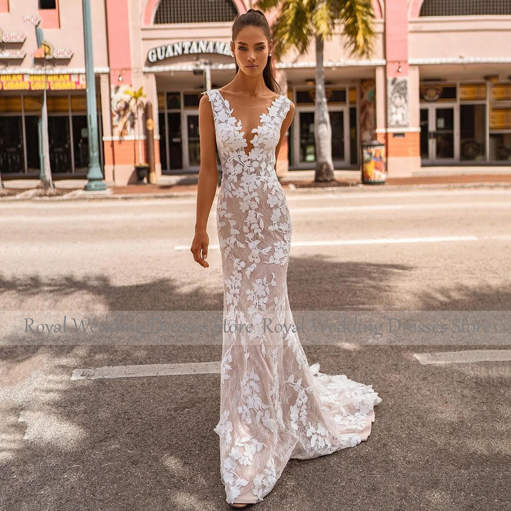 Elegant Lace Wedding Dresses for Women 2024 Bride Backless V Neck Mermaid Wedding Gowns Nude Ivory Applique Trumpet Bridal Dress