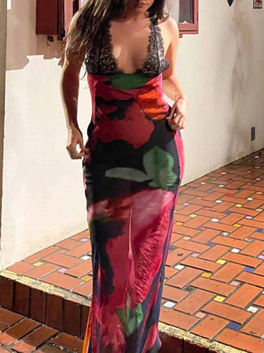 Elegant Tie Dye Floral Chiffon Dress For Women Summer Sexy Bandage Backless Lace Long Dresses Female Beach Evening Robe 240518