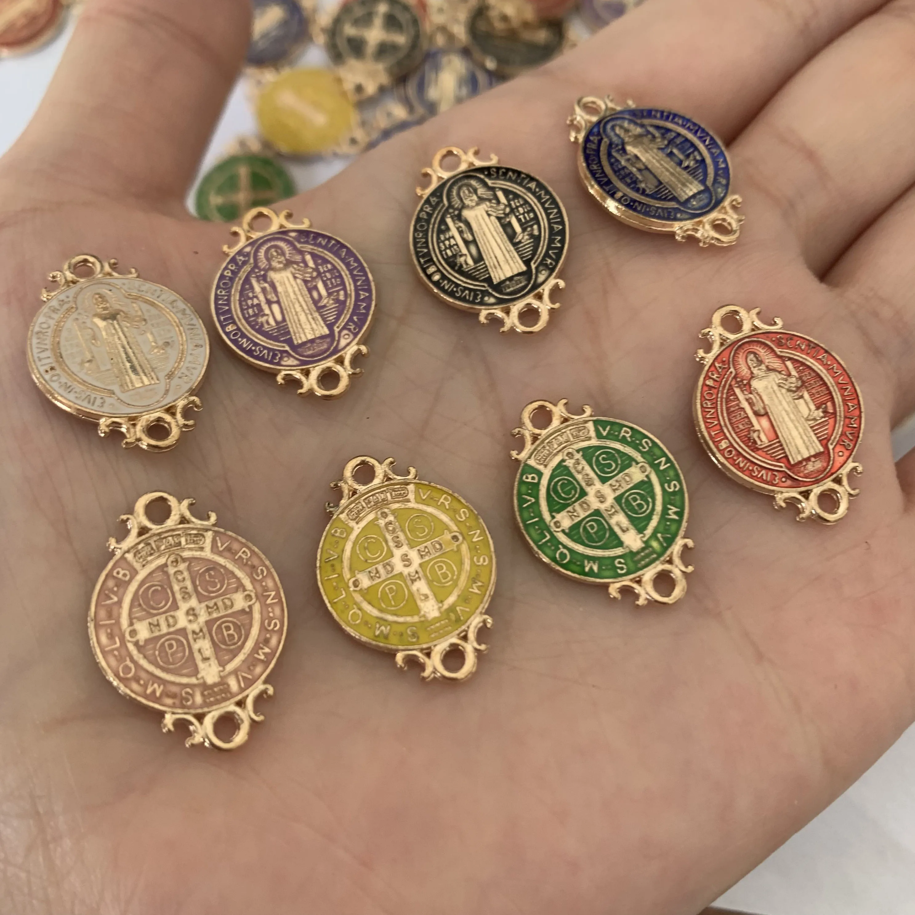 10PcsSaint Benedict Medal Double Sided Catholic Medals Favor Gifts Religious Charm Connector Bead Set of Multicolor Lace Pendant