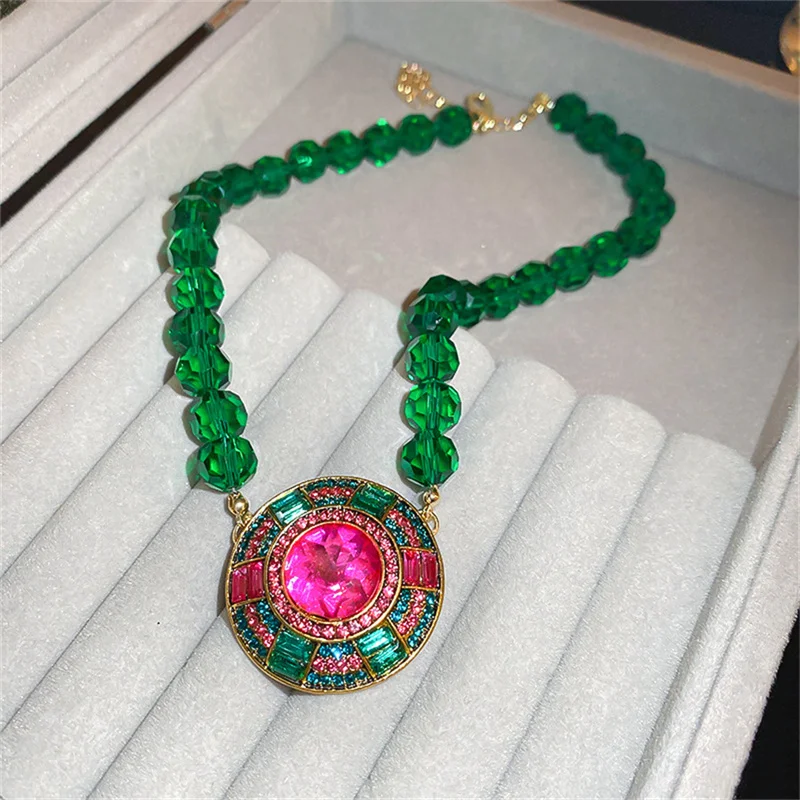 Luxury Green Crystal Necklace Earrings For Women Geometric Colourful Earrings Weddings Banquet Jewelry Sets