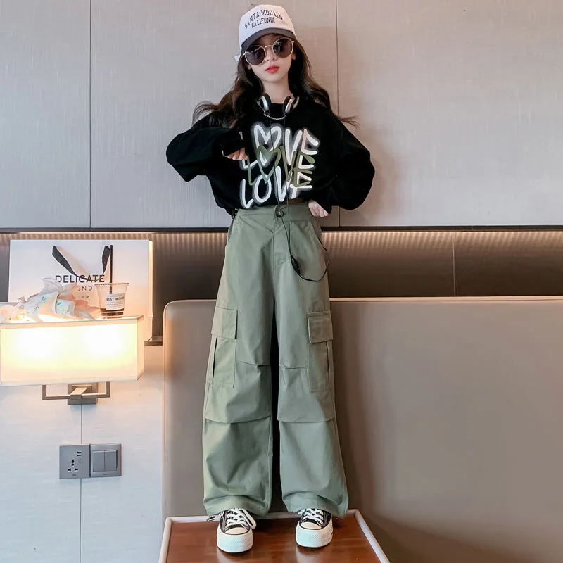Teenage Girls Autumn Thin Sweatshirt Set Children's Letter Printed Tops Work Pants 2 Sets Spring Casual Clothes 3-15Y