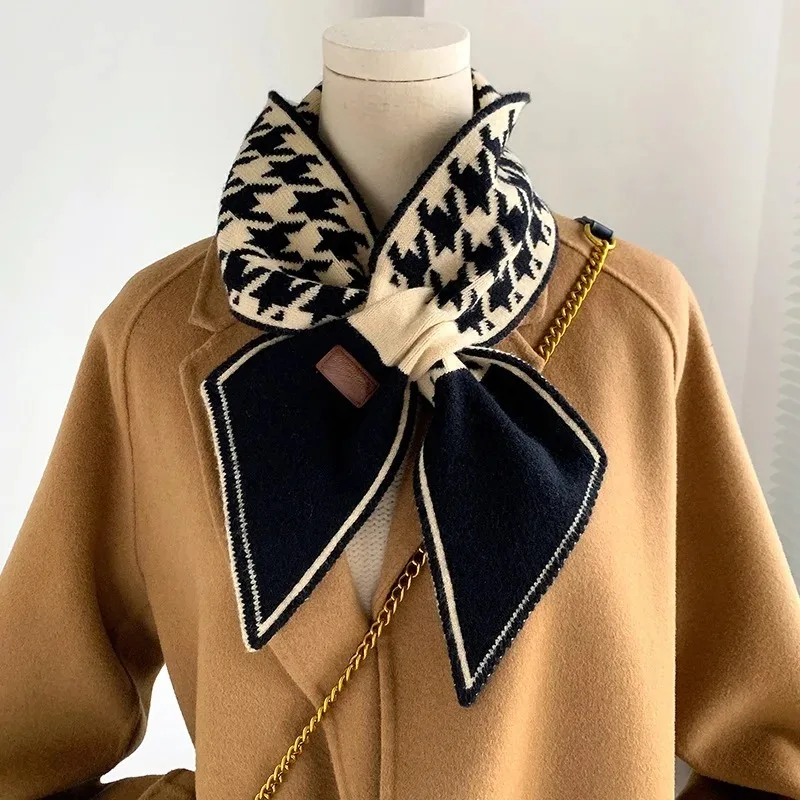 Warm Cashmere Neck Tie Scarf For Women Plaid Neckerchief Knitted Scarfs Long Skinny Small Scarves Bandana Female Foulard 5