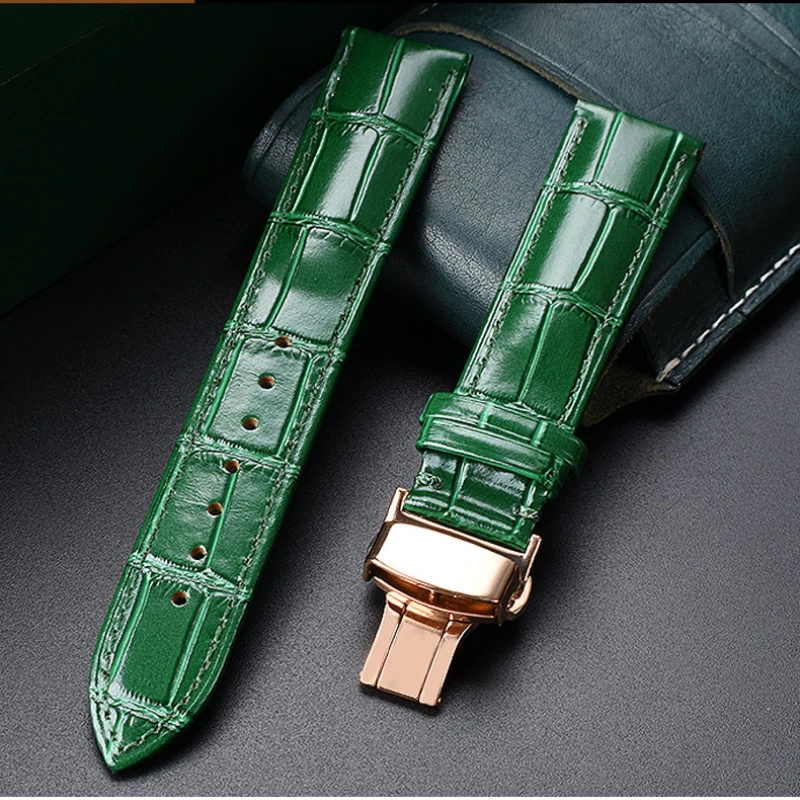 18mm 20mm 22mm High Quality Bamboo Pattern soft cowhide Strap Men Butterfly Buckle Ostrich leather Green Watchband Bracelet