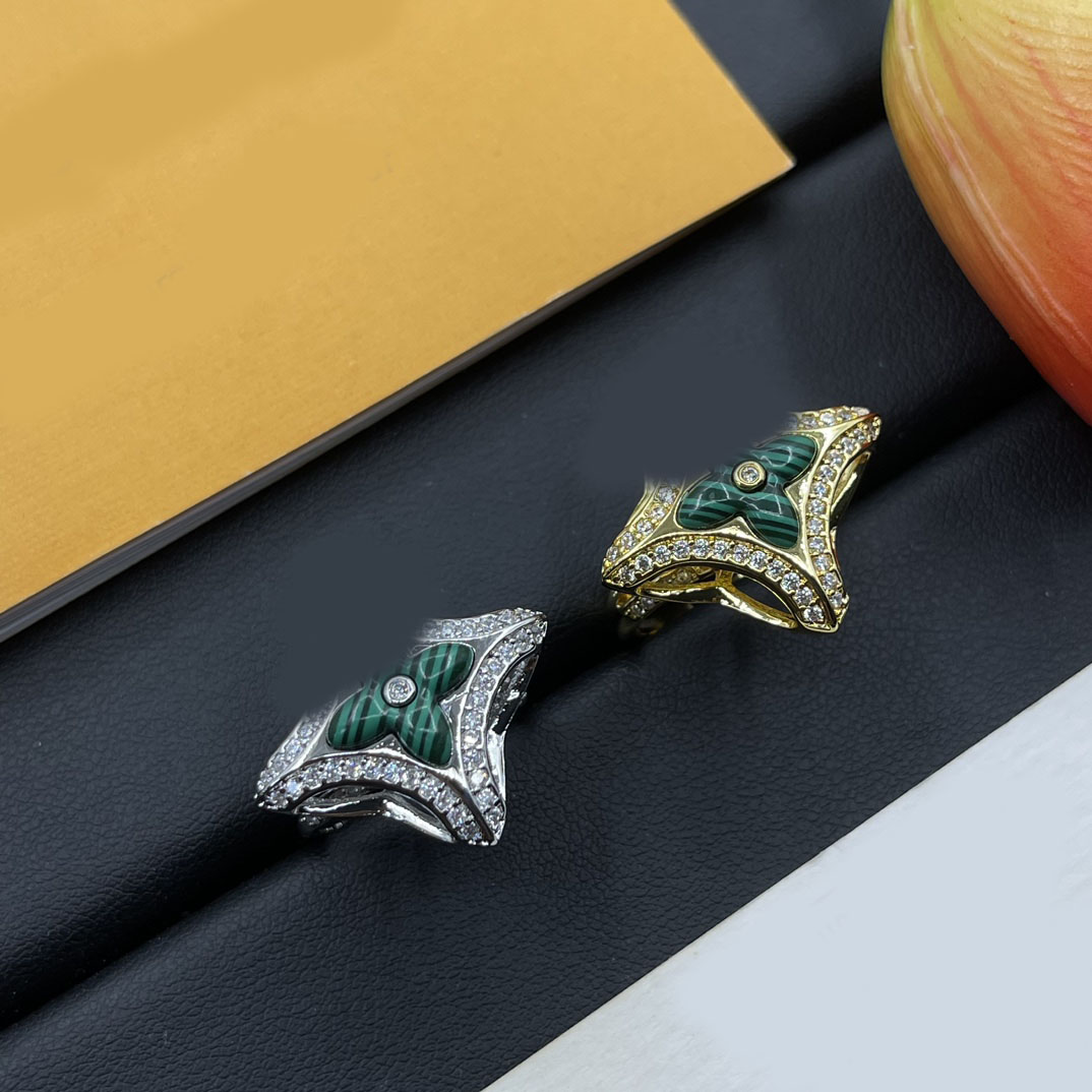 Designer Rings Elegant Malachite Clover Flower Band Rings 18K Gold 925 Silver Plated Opening Adjustable Ring For Women Party Fashion Diamond Jewelry Gift