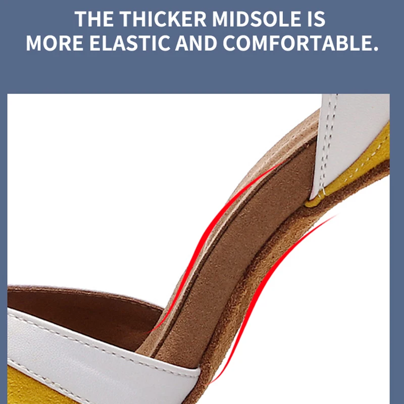 Woman Latin Ballroom White Yellow Modern Dance shoes Suede Rubber Sole Jazz salsa Cuban Slim Heels Ladies Open Toes Stiletto