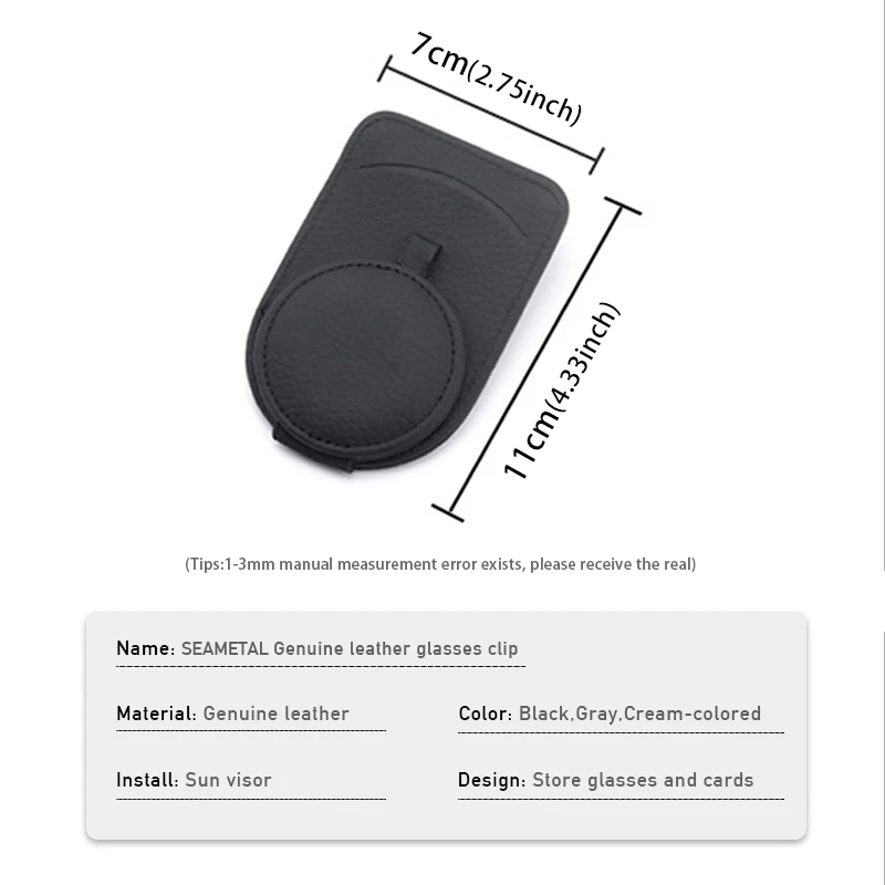 SEAMETAL Genuine Leather Car Glasses Holder Sun Visor Sunglasses Clip Premium Top Layer Cowhide Eyewear Mount with Card Holder