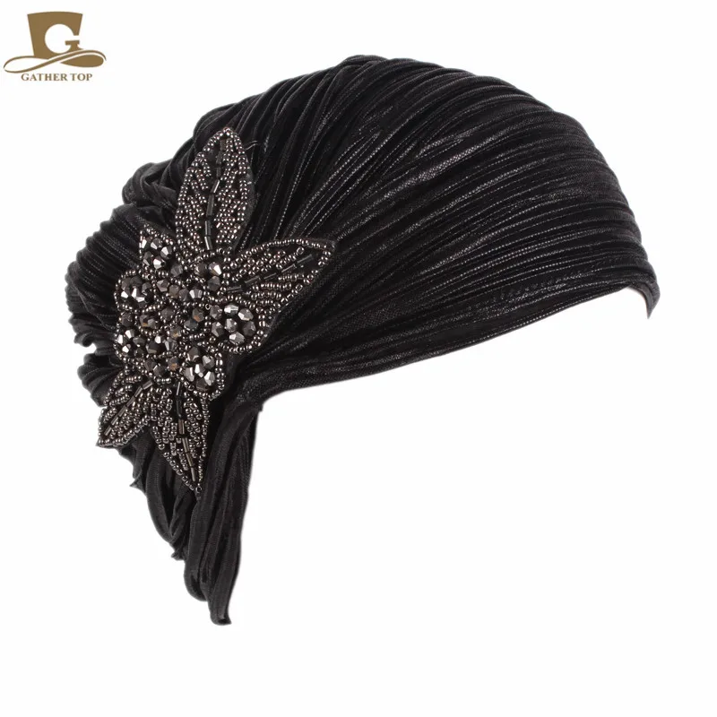New Women luxury Metallic Shinny Ruffle Turban Head Wrap With Beaded Flower Lady Chemo Bandanas Hijab hair Accessories
