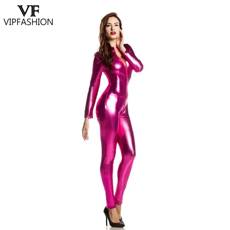VIPFASHION Solid Women Zentai Bodysuit Sexy Black Catsuit Long Sleeve Front Zipper Cosplay Costume Carnival Holiday Clothes