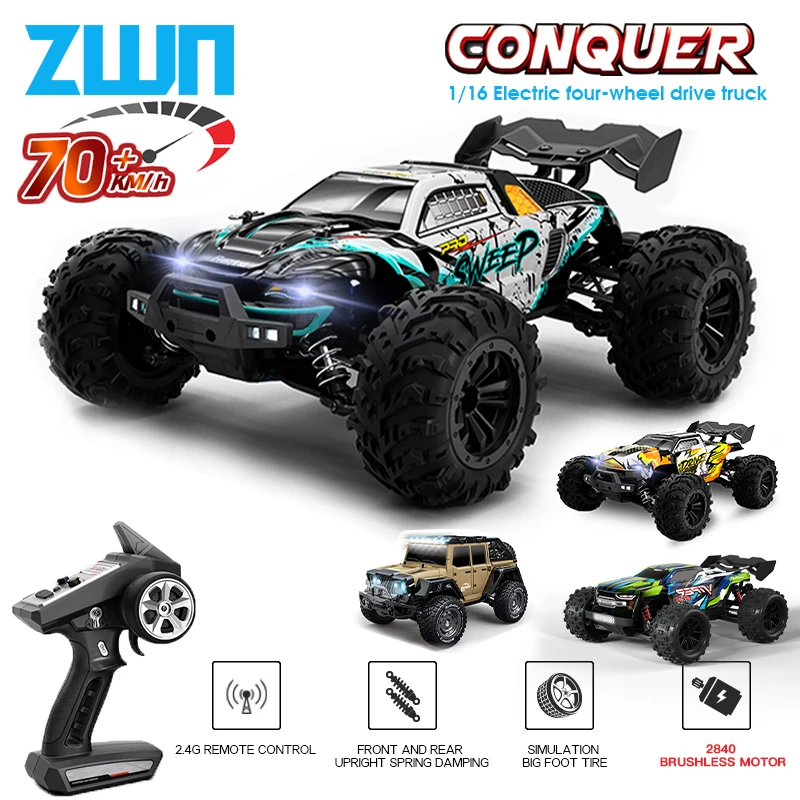 ZWN 1:16 70KM/H 4WD RC Car With LED Headlight Remote Control Cars High Speed Drift Monster Truck for Kids vs Wltoys 144010 Toys
